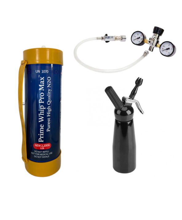 PrimeWhip PRO MAX 3.3L N2O Cannister +Cream Chargers Pressure Regulator and Adaptor + WHIP CREAM DISPENSER 500ML